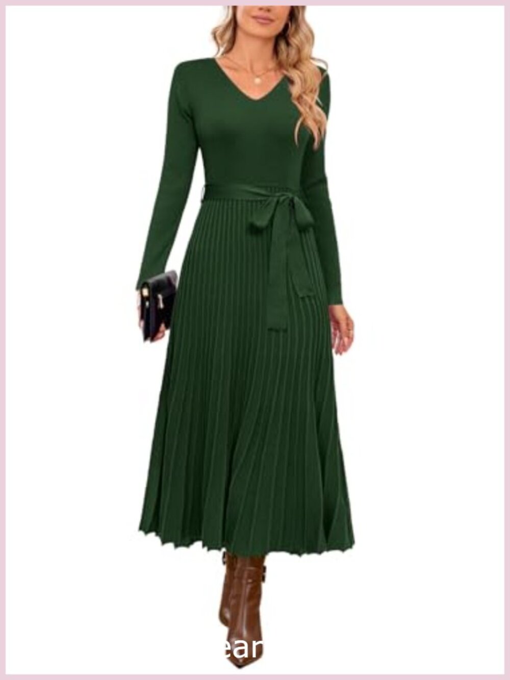 Wool Blend V-Neck Long Sleeve Midi Sweater Dress Tie Waist A-Line